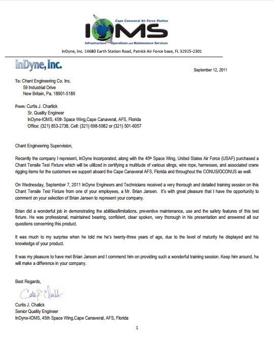 Chant Receives Letter of Appreciation from Cape Canaveral AFS