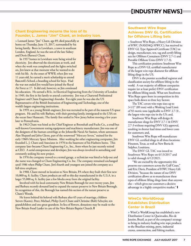 Wire Rope Exchange Publishes Tribute to Jim Chant